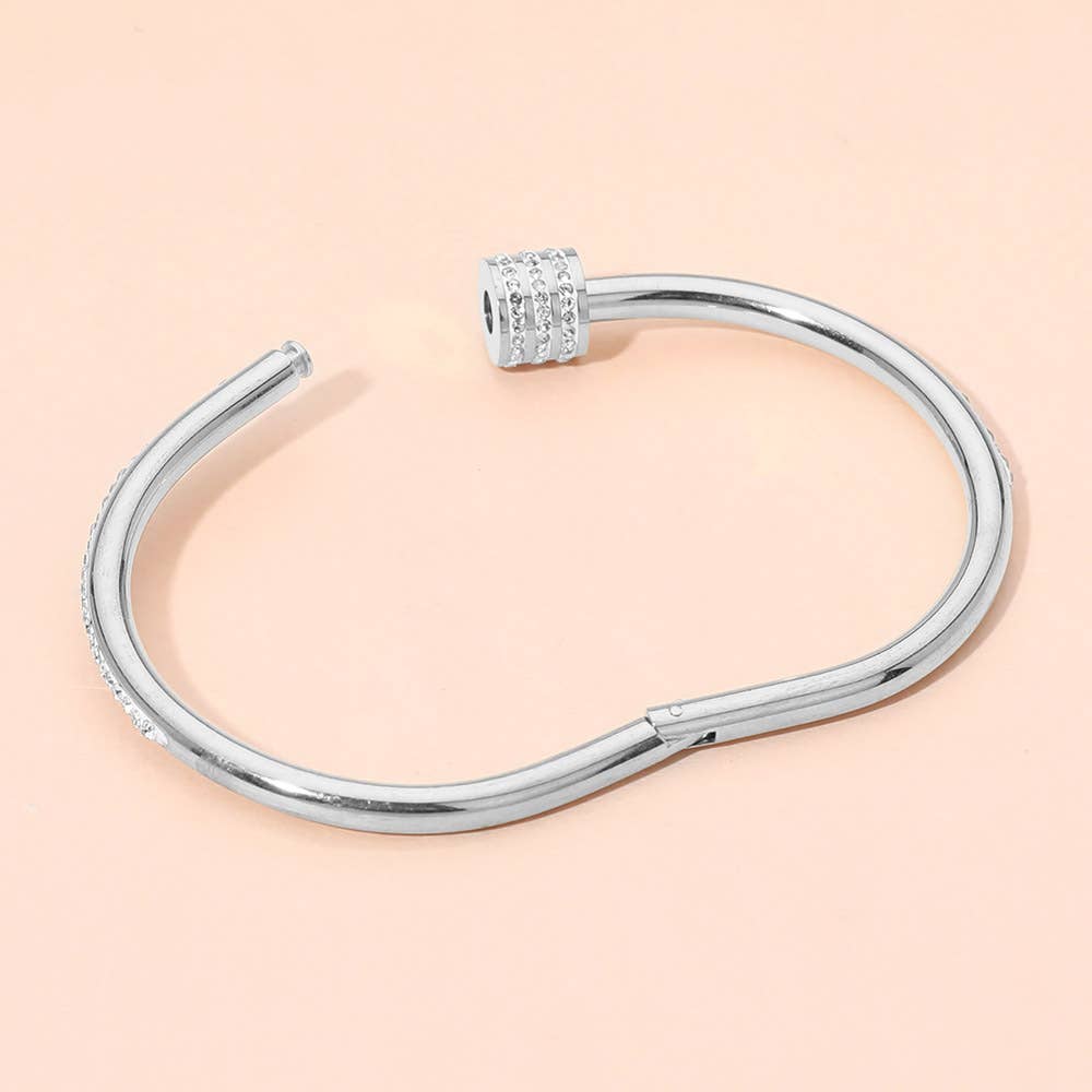 Stainless Steel Stone Accent Hinged Bangle Bracelet