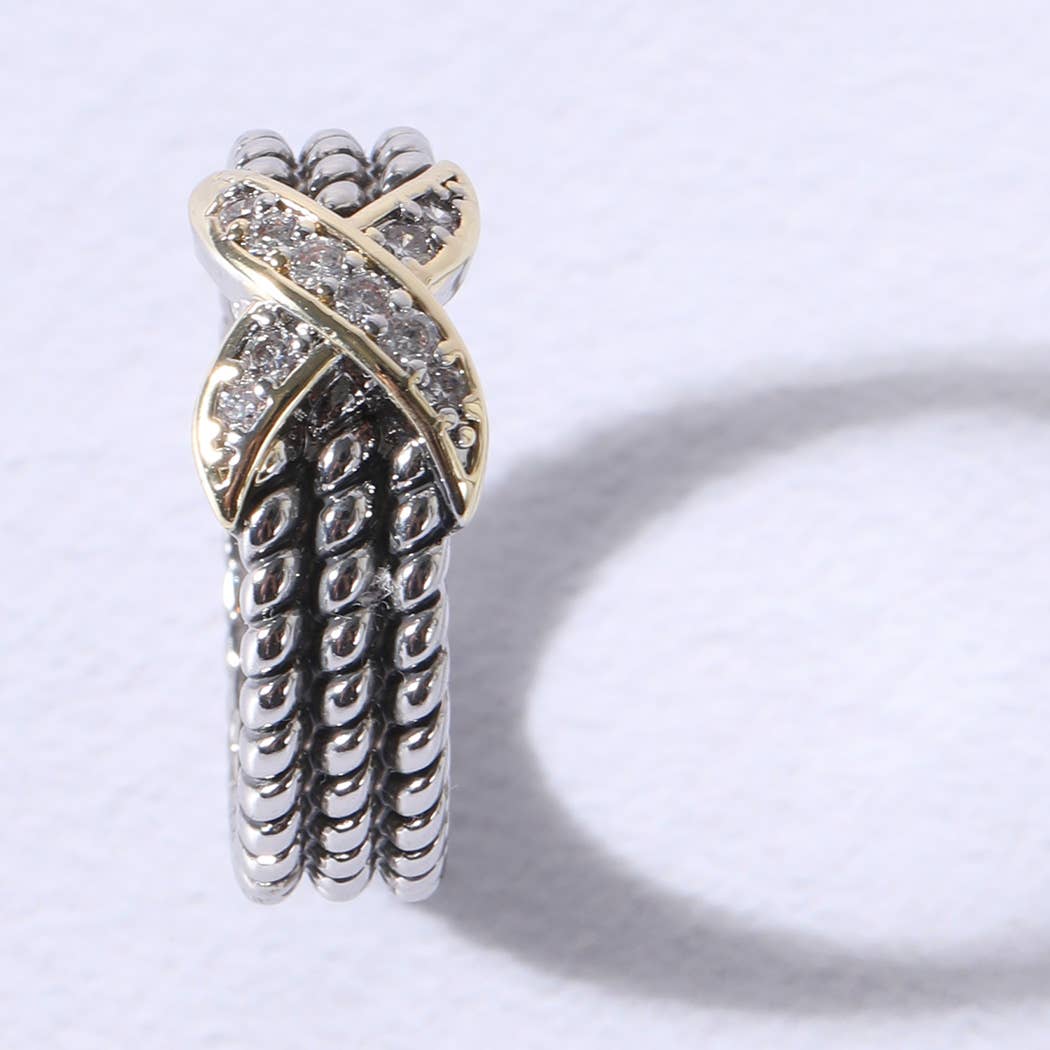 X Tripe Cable Silver Gold Stones Ring