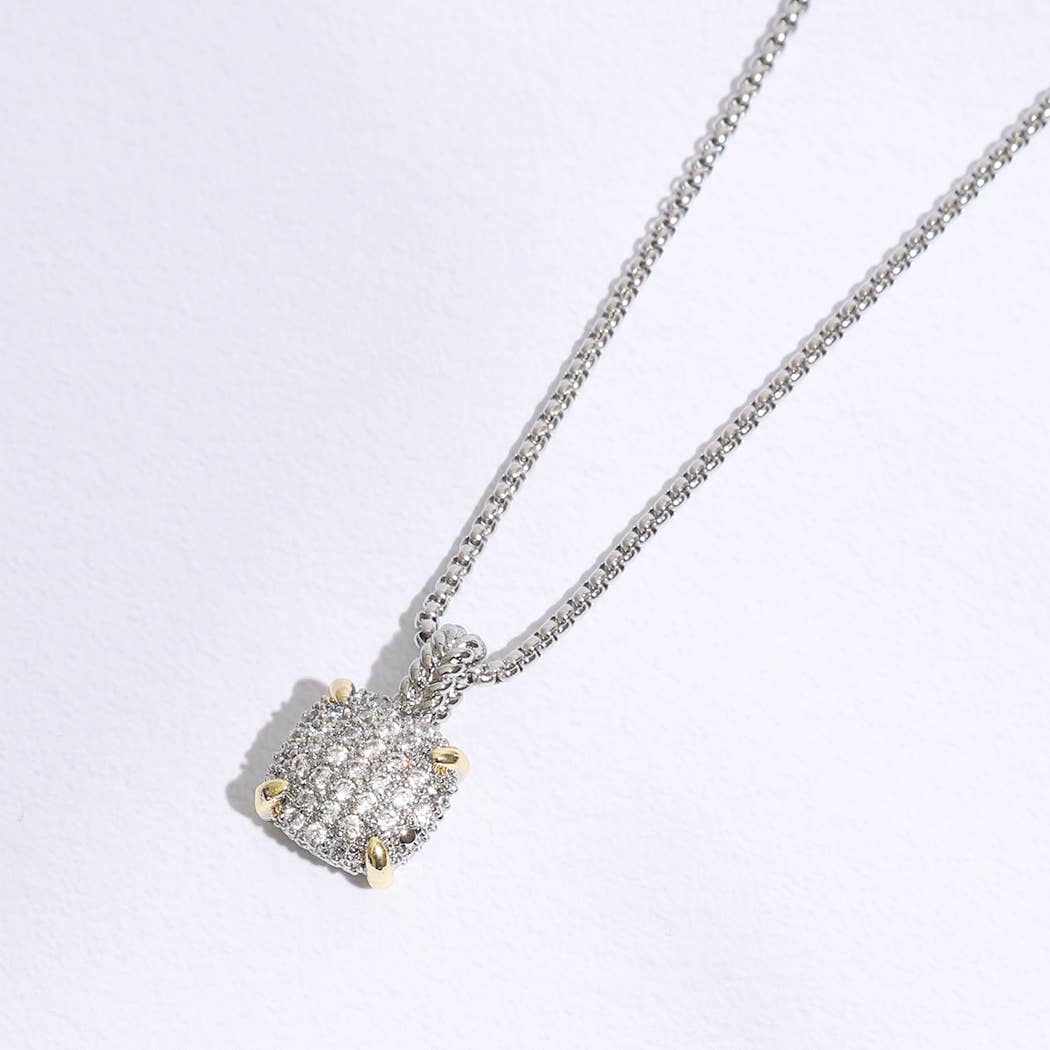 Square Shape Pave CZ Pendant Necklace