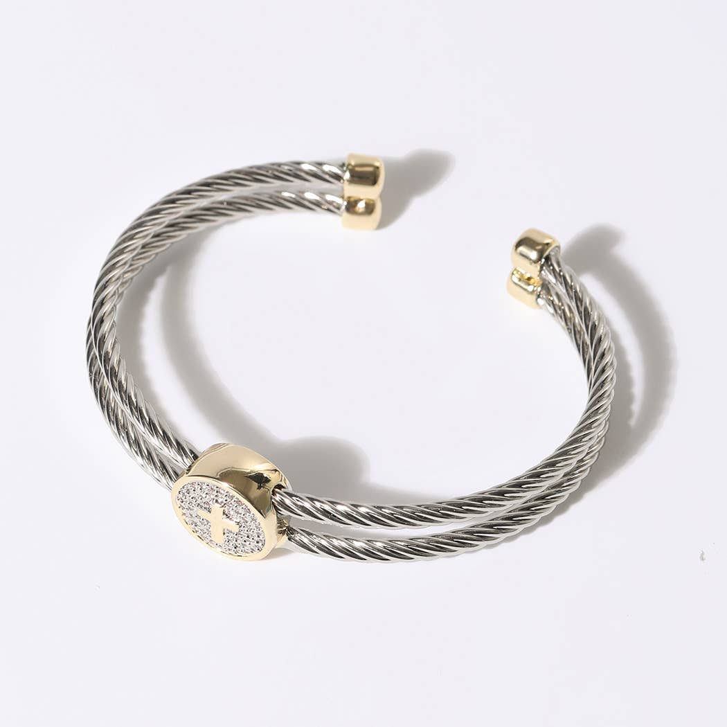 Cross Detail Twisted Double Wire Cuff Bangle Bracelet