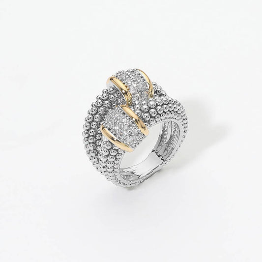 14K Gold Plated Two Tone Pave Wide Band Statement Ring