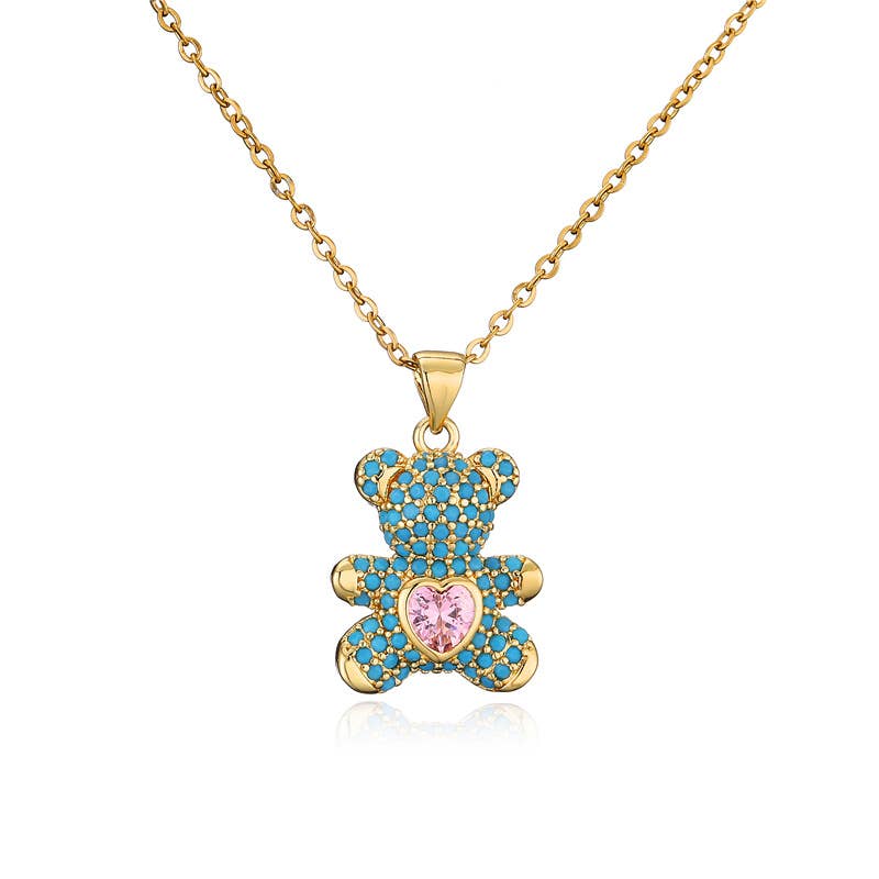 Dainty Crystal Teddy Bear Pendant Necklace in Solid Copper