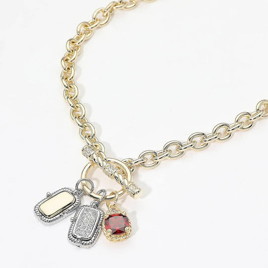 14K Gold Plated Stone Two Tone Bar Charm Pendant Toggle Necklace
