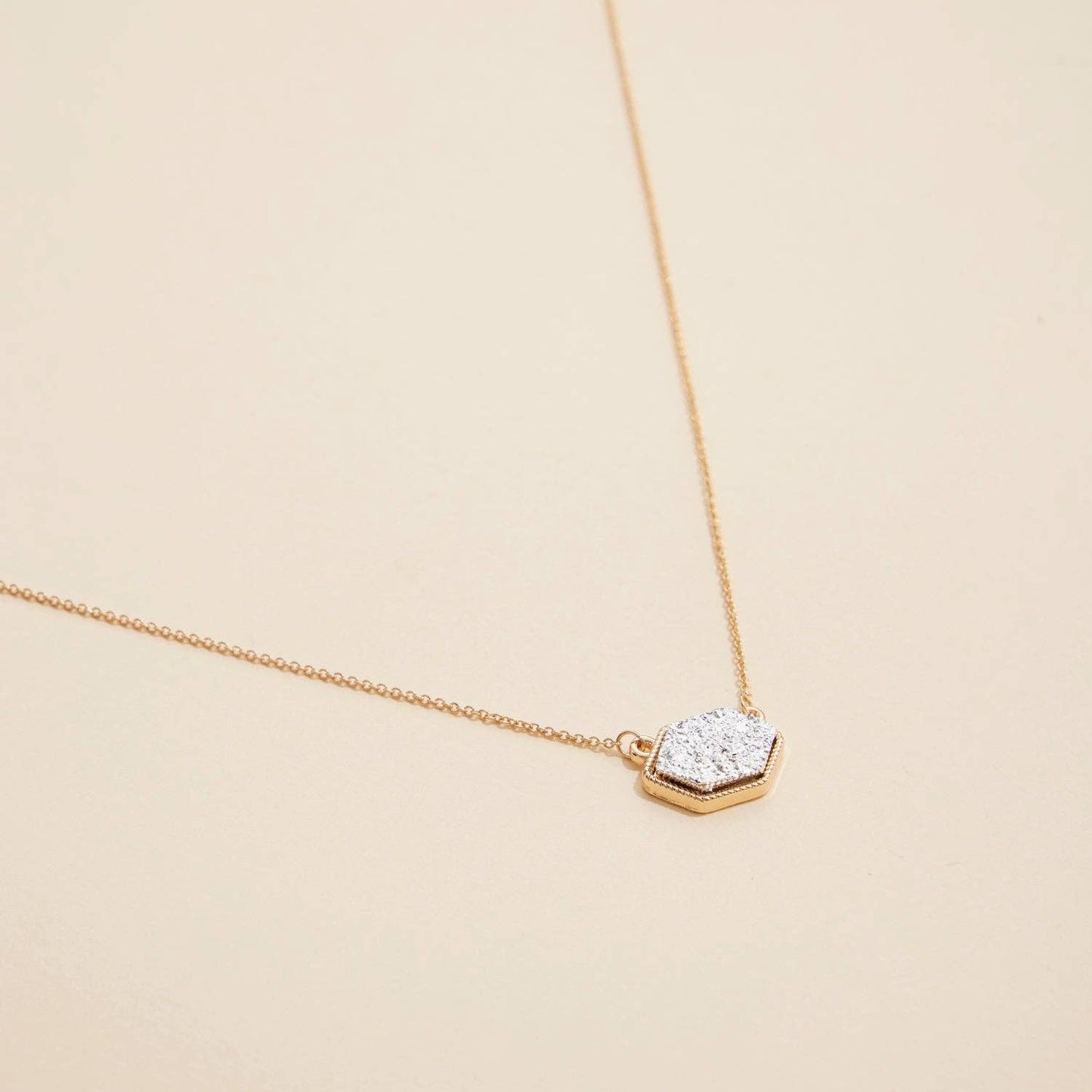 Hexagon Druzy Stone Charm Short Necklace