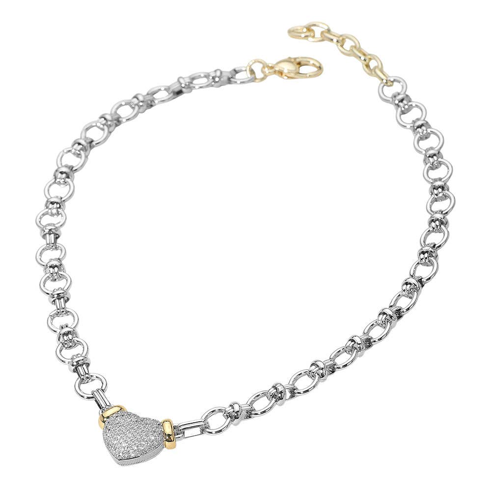 14K Gold Plated Two Tone Stone Paved Heart Pendant Accent Chunky Chain Link Necklace