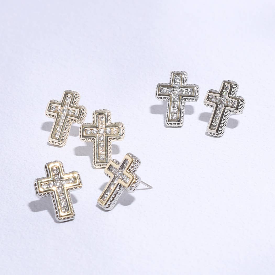 Cross Shape Pave Stone Stud Post Earring
