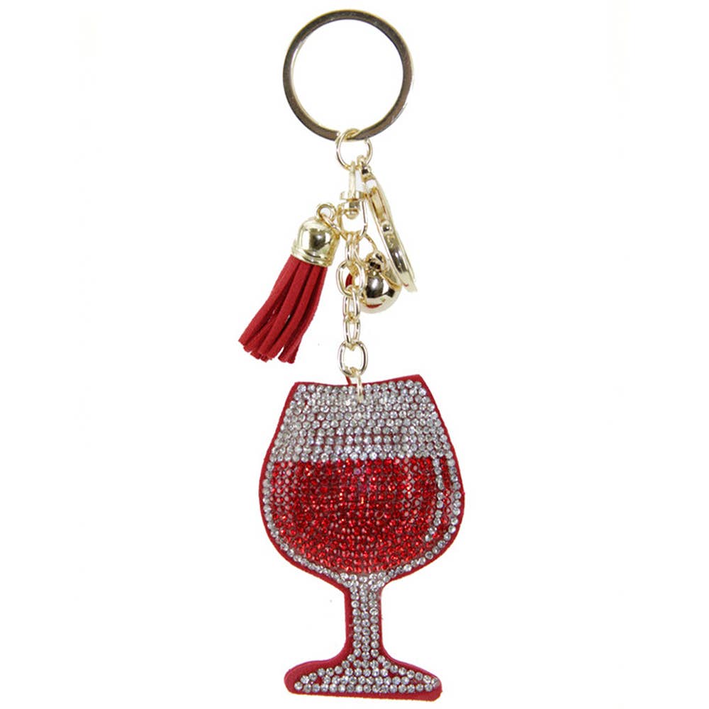RHINESTONE WINE GLASS KEYCHAIN WITH TASSEL
