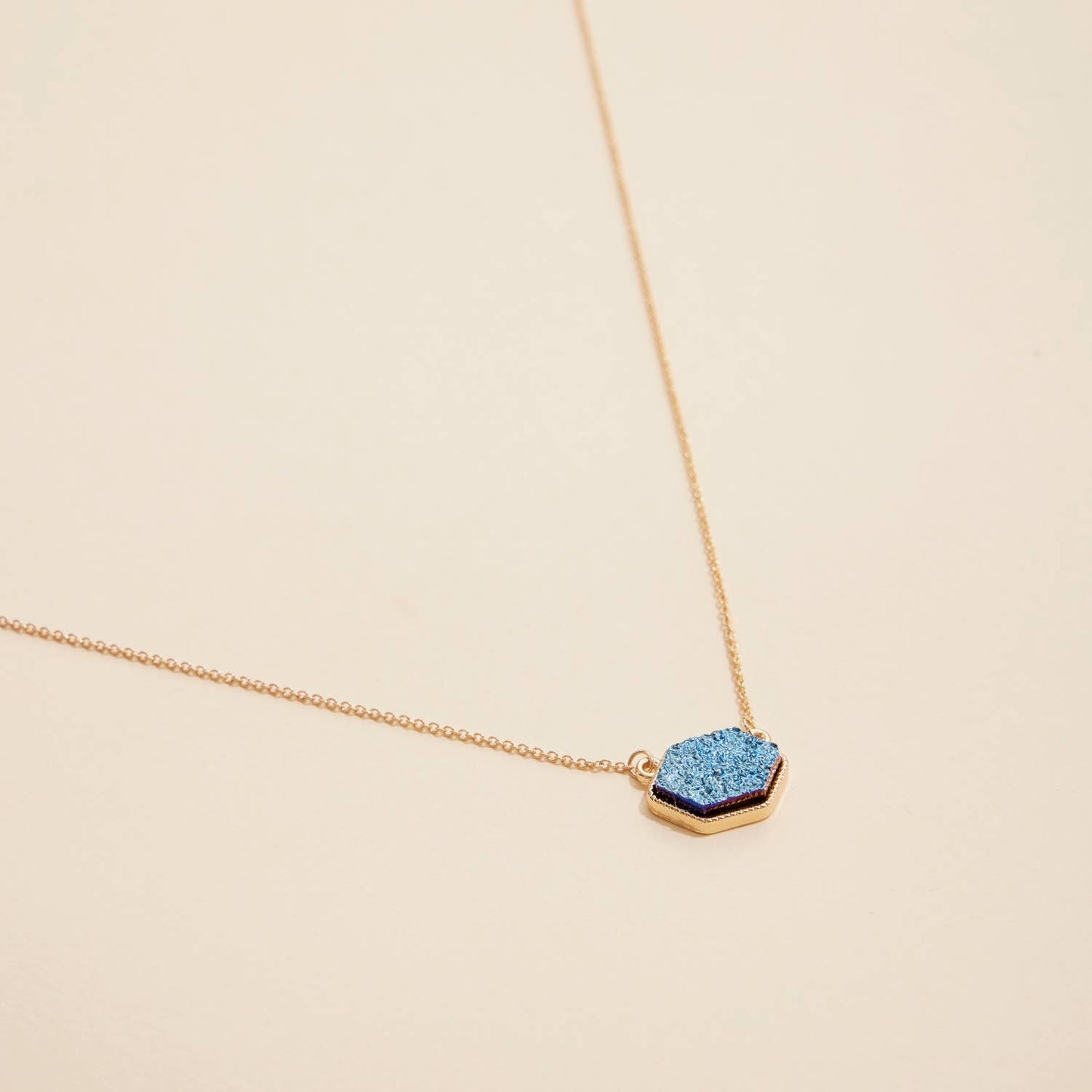Hexagon Druzy Stone Charm Short Necklace