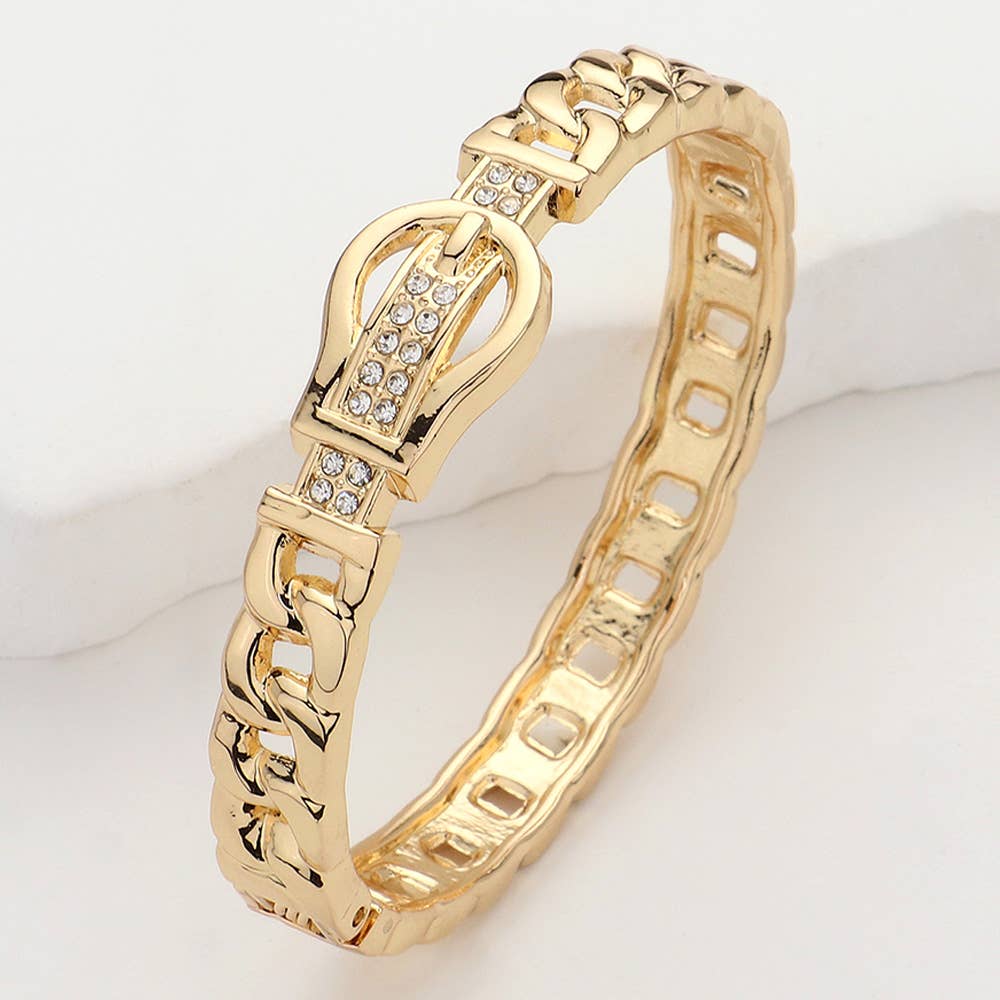 Stone Paved Belt Buckle Accented Cuban Chain Bangle Bracelet