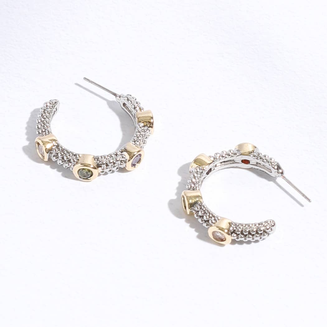 Stones Gold Pointed Silver Hoop Post Earring