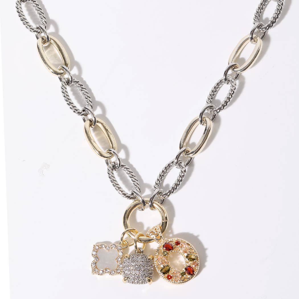 Clover & Oval 3 Multi Pendants Chain Necklace