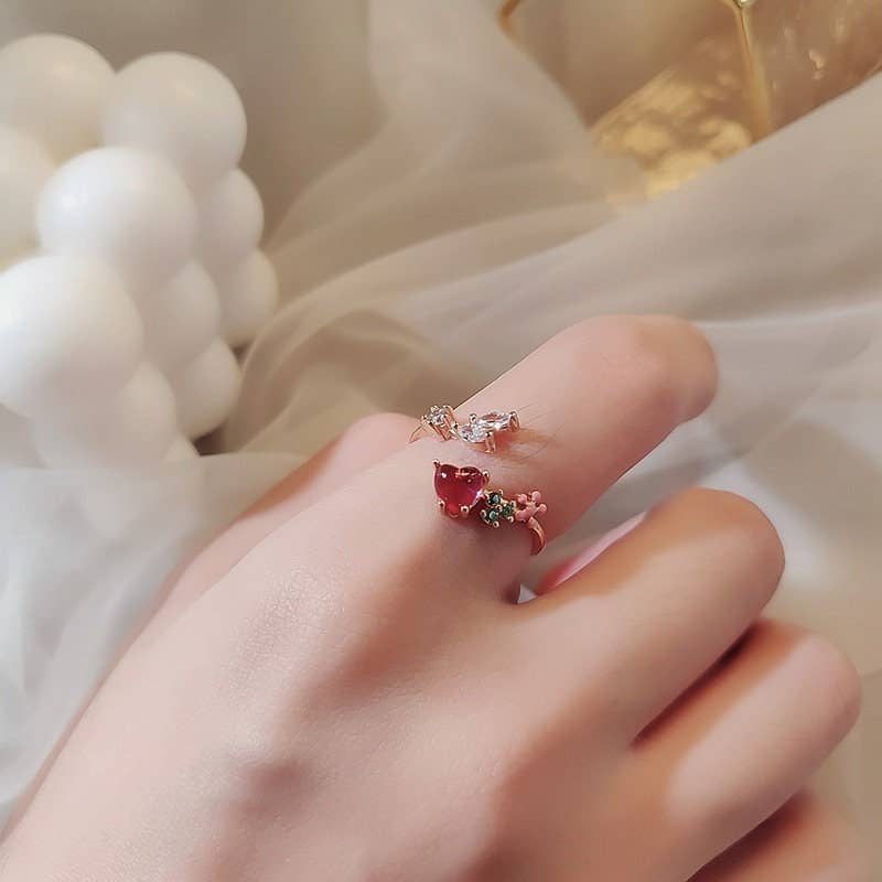 Pink Red Heart Flower Stacking Bypass Ring in Solid Copper