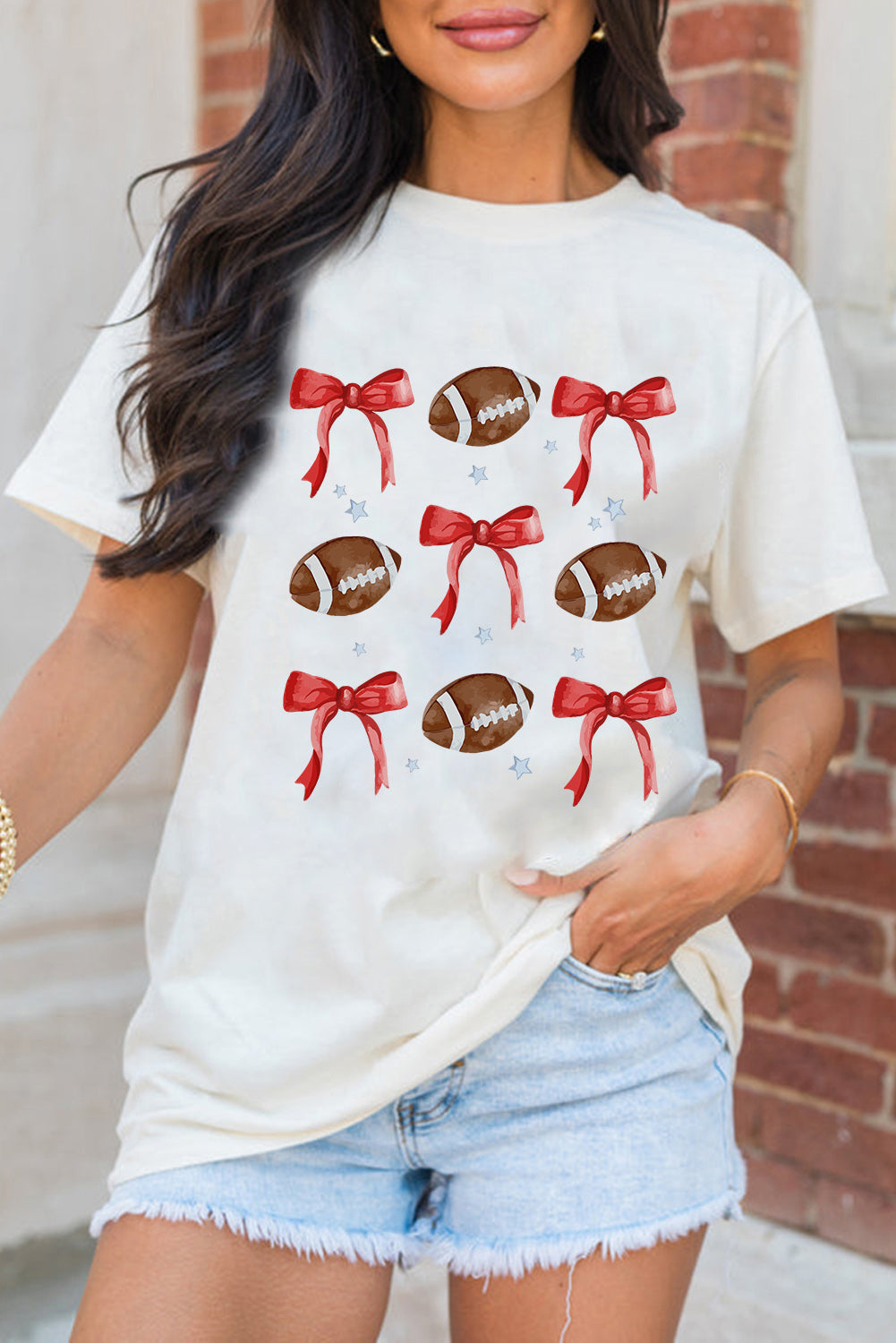 White Bowknot Football Graphic Crew Neck Tee