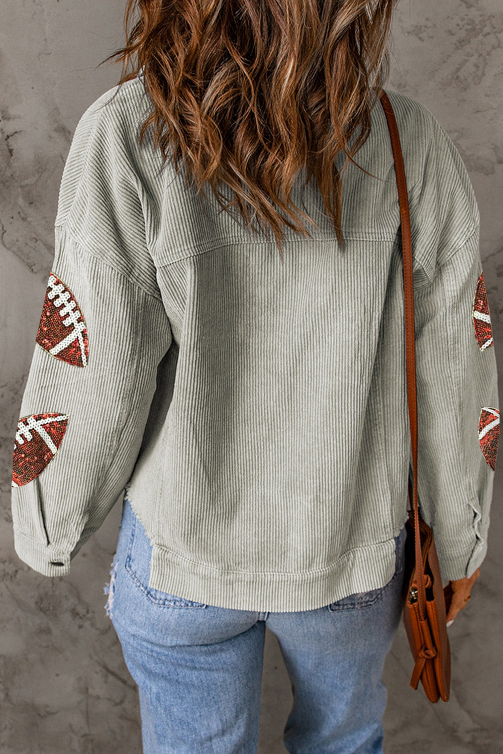 Grey Sequined Football Patch Ribbed Cotton Jacket