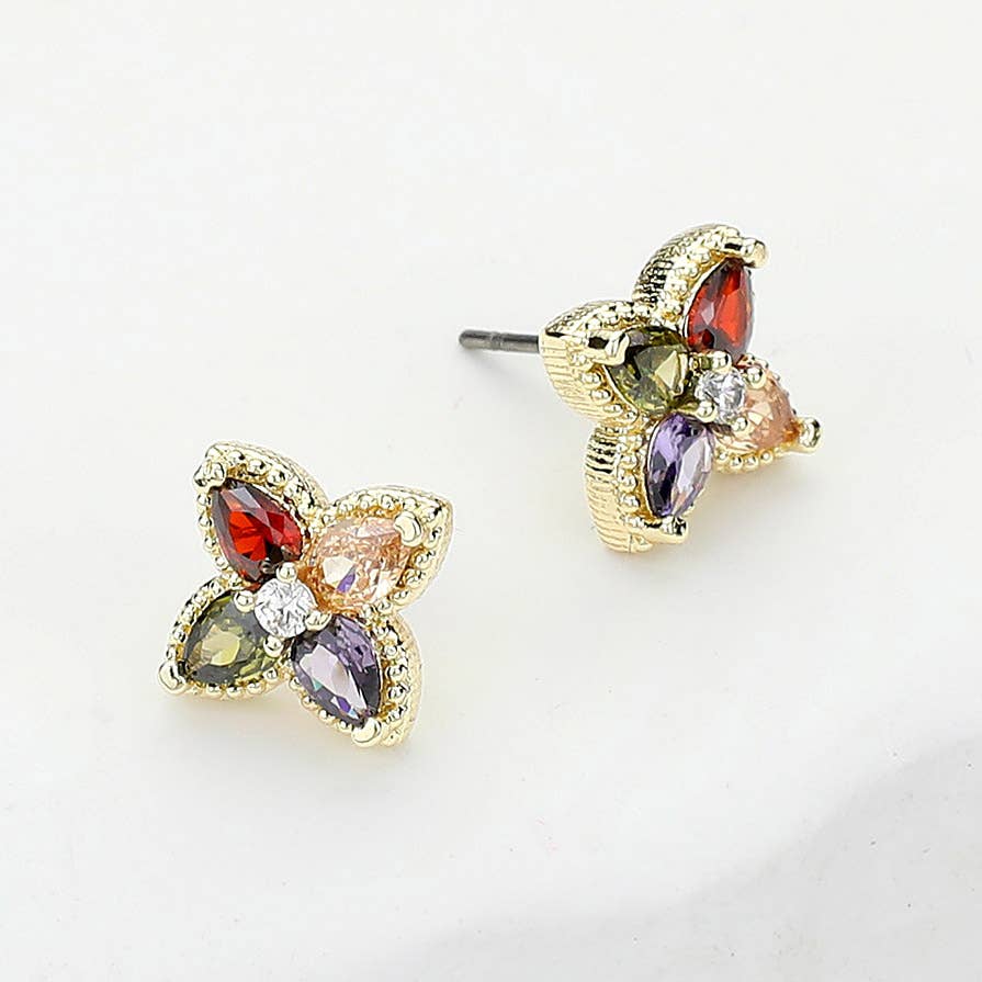 14K Gold Plated Colorful Stone Clover Stud Earrings