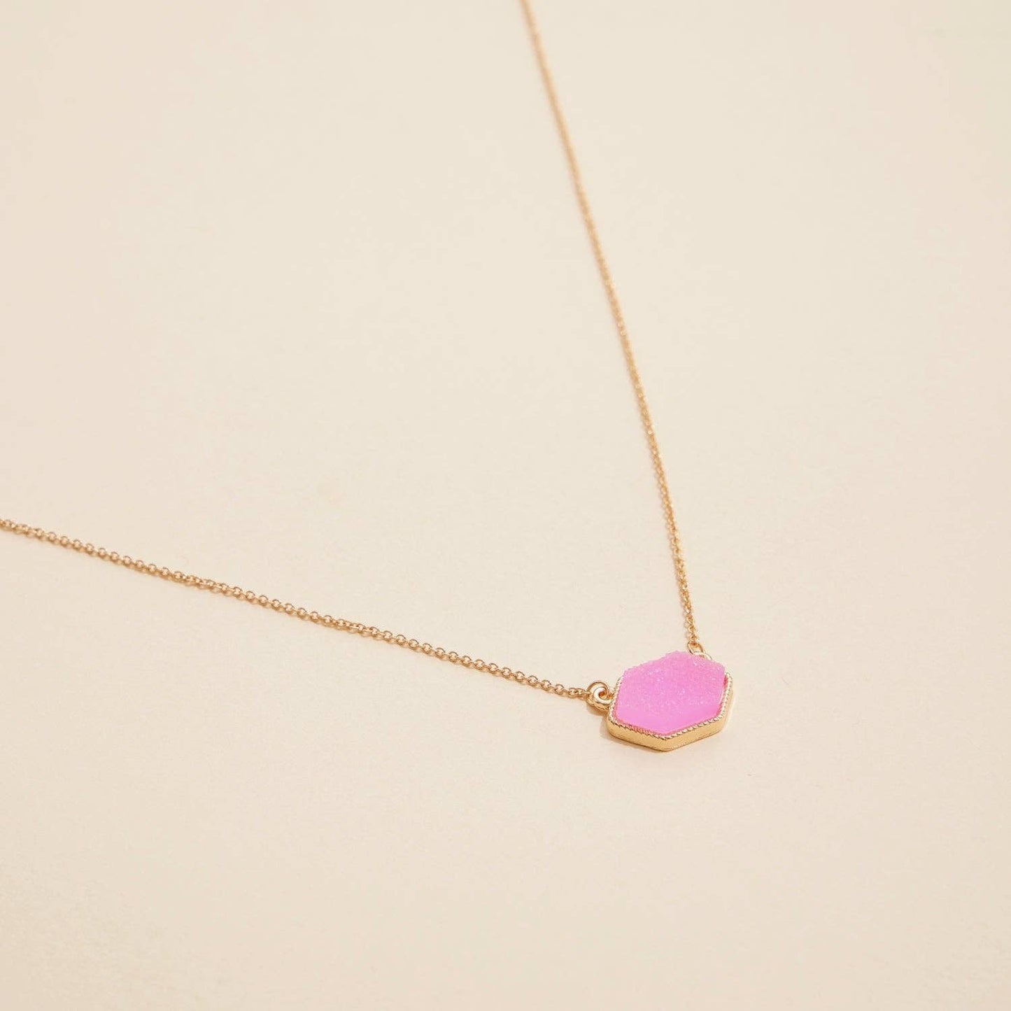 Hexagon Druzy Stone Charm Short Necklace