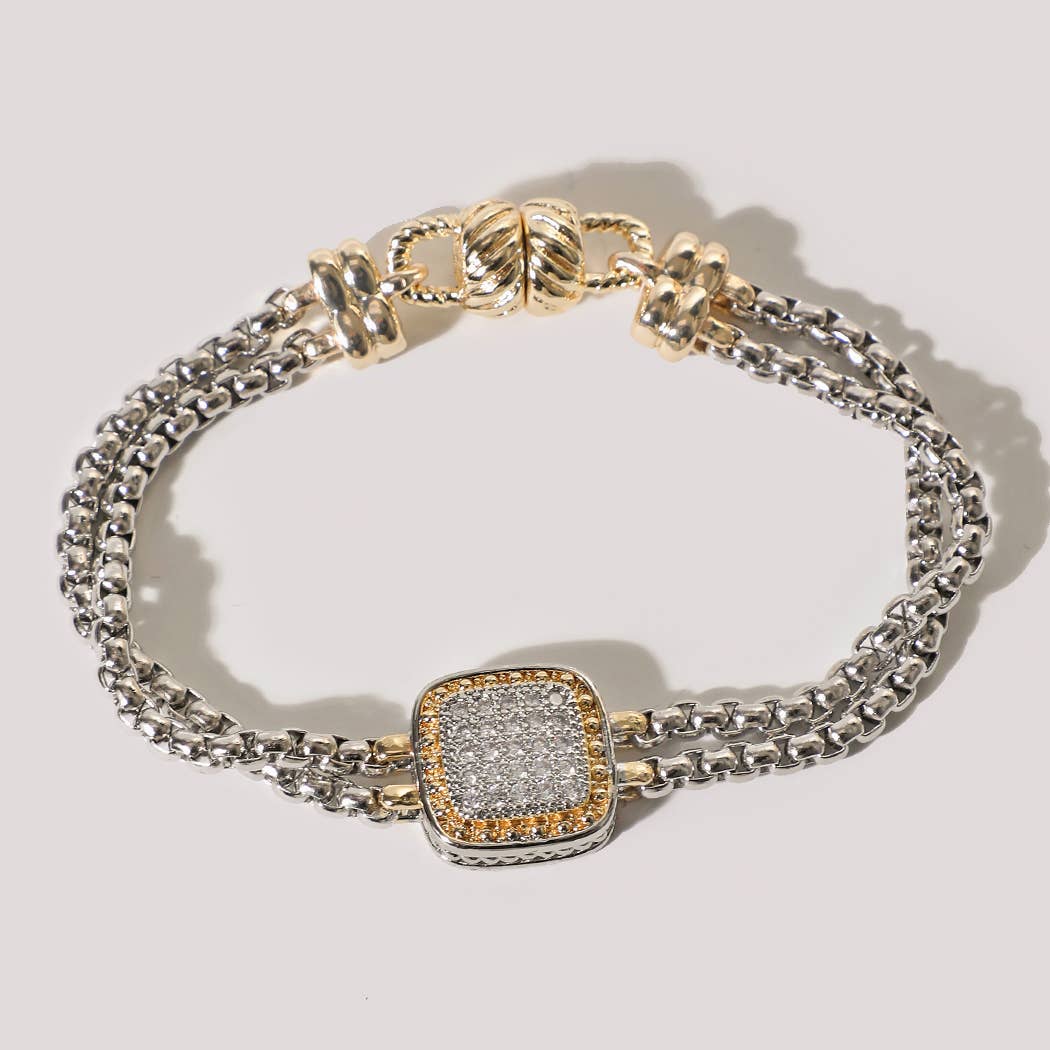 Two-Tone Box Chain Square Pave Magnetic Bracelet