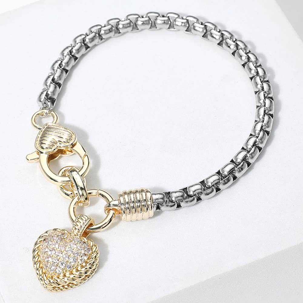 Two Tone Stone Heart Charm Bracelet