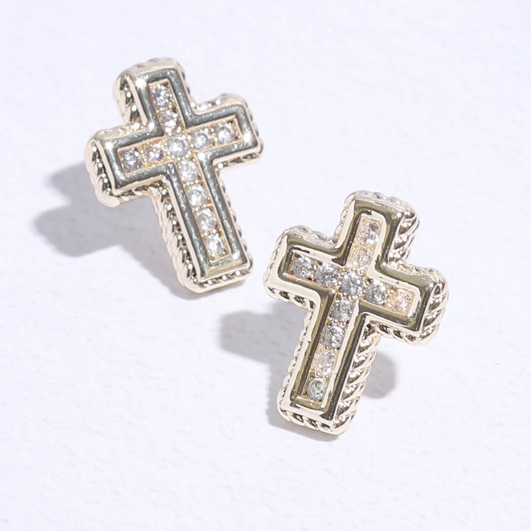 Cross Shape Pave Stone Stud Post Earring