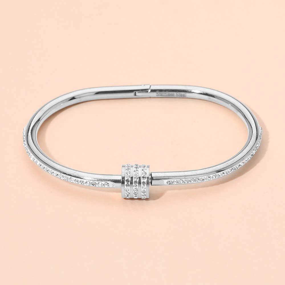 Stainless Steel Stone Accent Hinged Bangle Bracelet