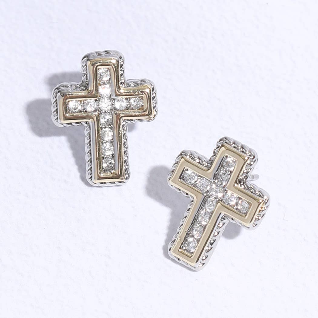 Cross Shape Pave Stone Stud Post Earring