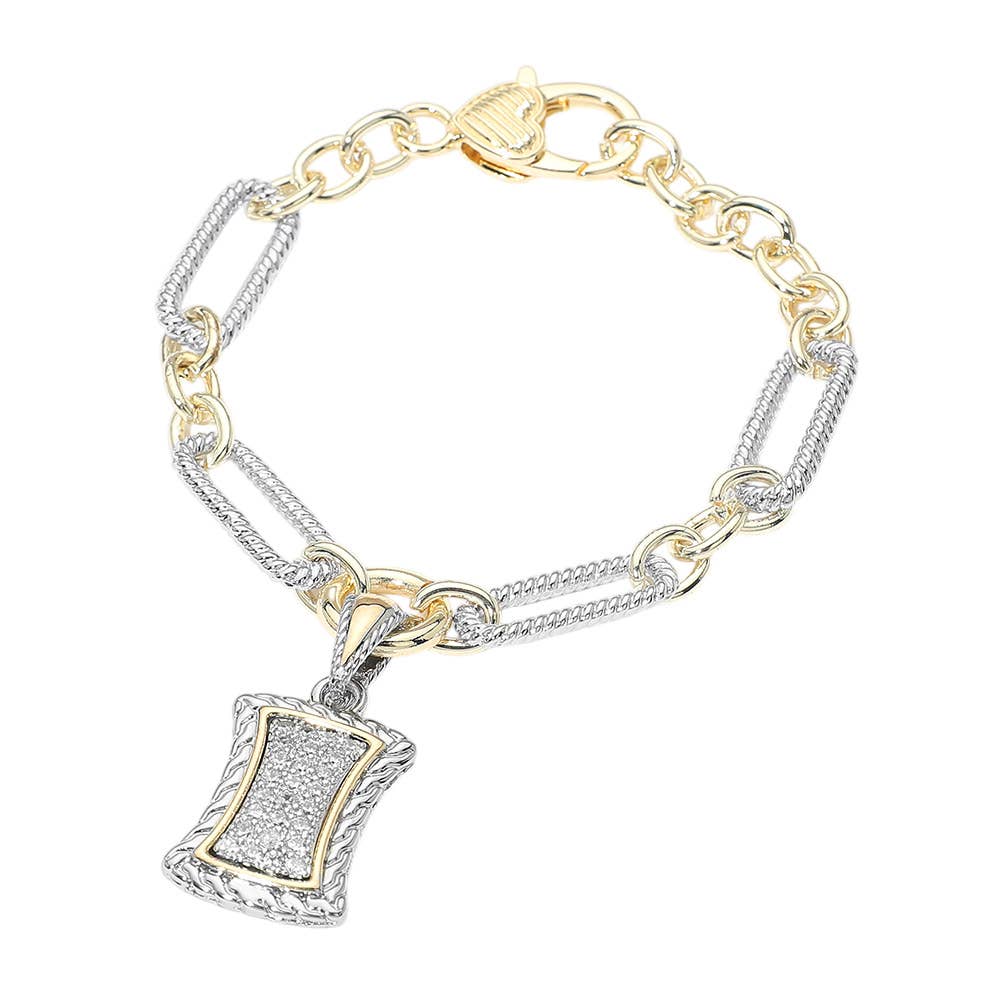 14K Gold Plated Two Tone Pave Rectangular Frame Charm Link Bracelet