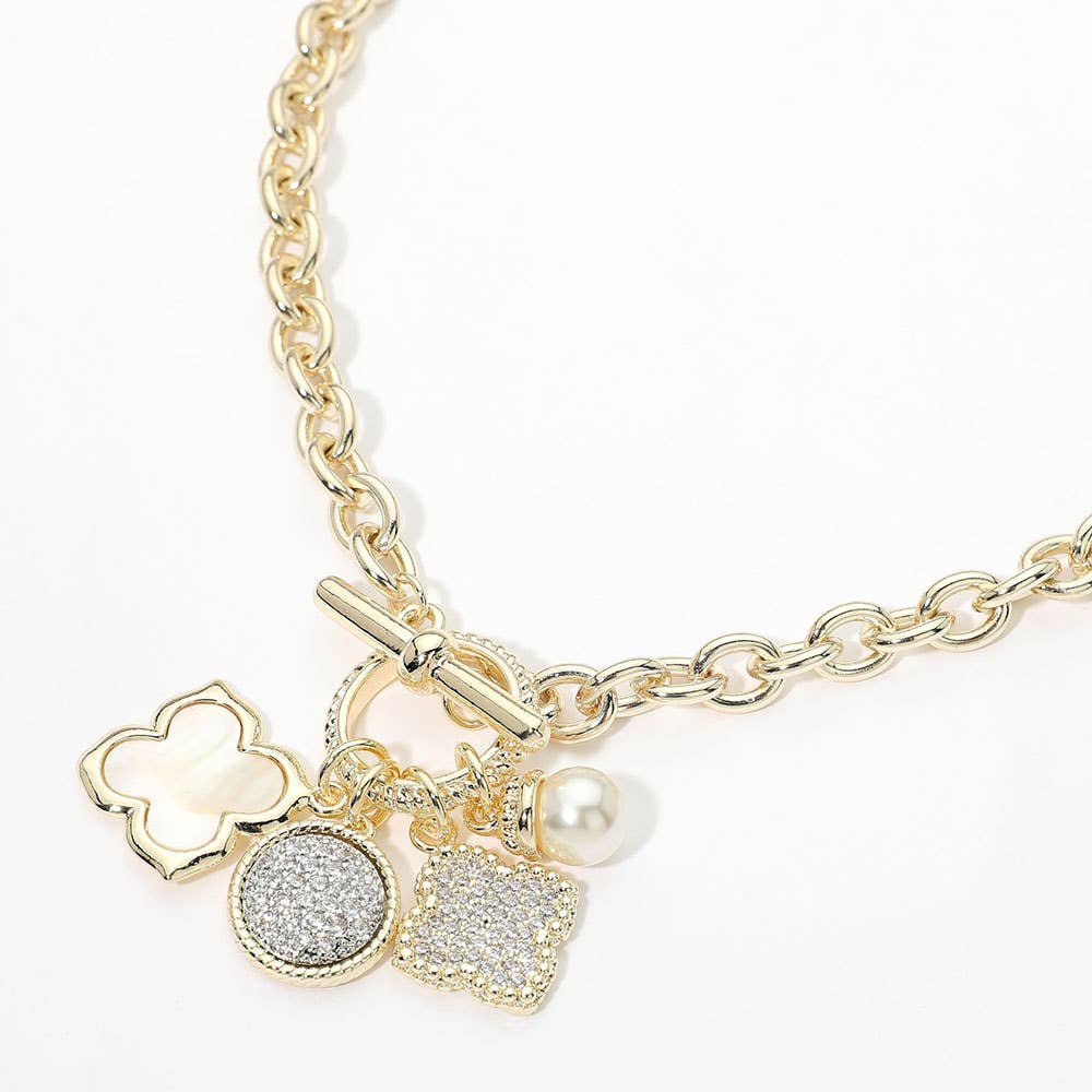 14K Gold Plated Pave Quatrefoil Pearl Floral Charm Pendant Toggle Necklace