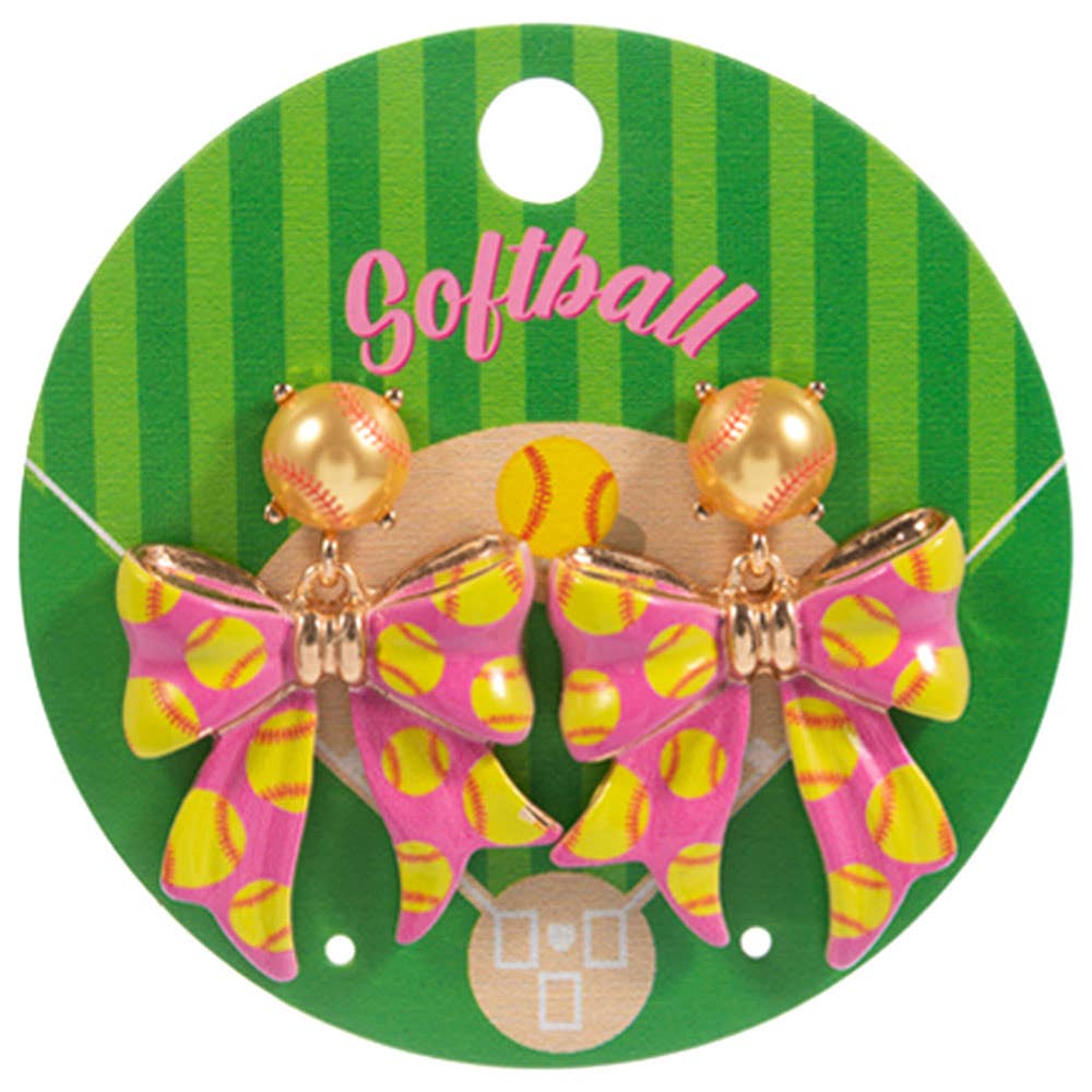Softball Pink Bow Drop Earrings