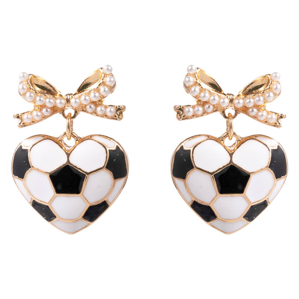 Pearl Bow Heart Shaped Soccer Ball Drop Dangle Earrings