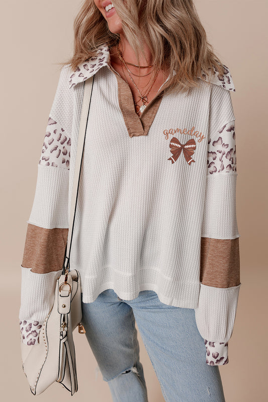 White Game Day Bow Embroidered Graphic Leopard Collar Color Block Patchwork Top