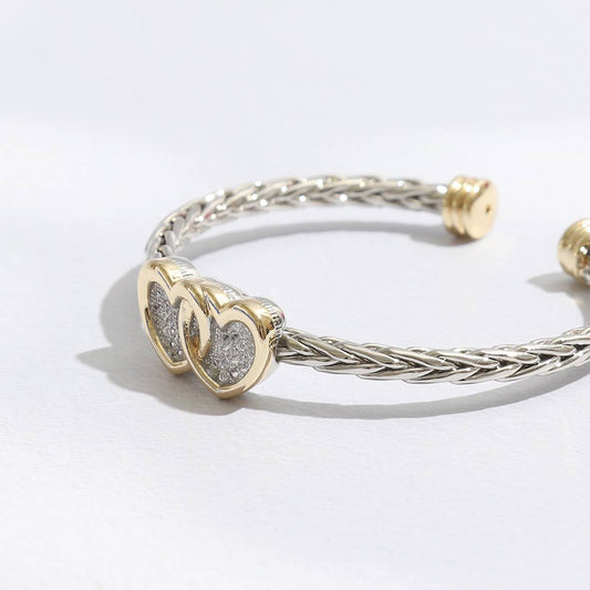 Two Heart Pave Braided Bangle Bracelet