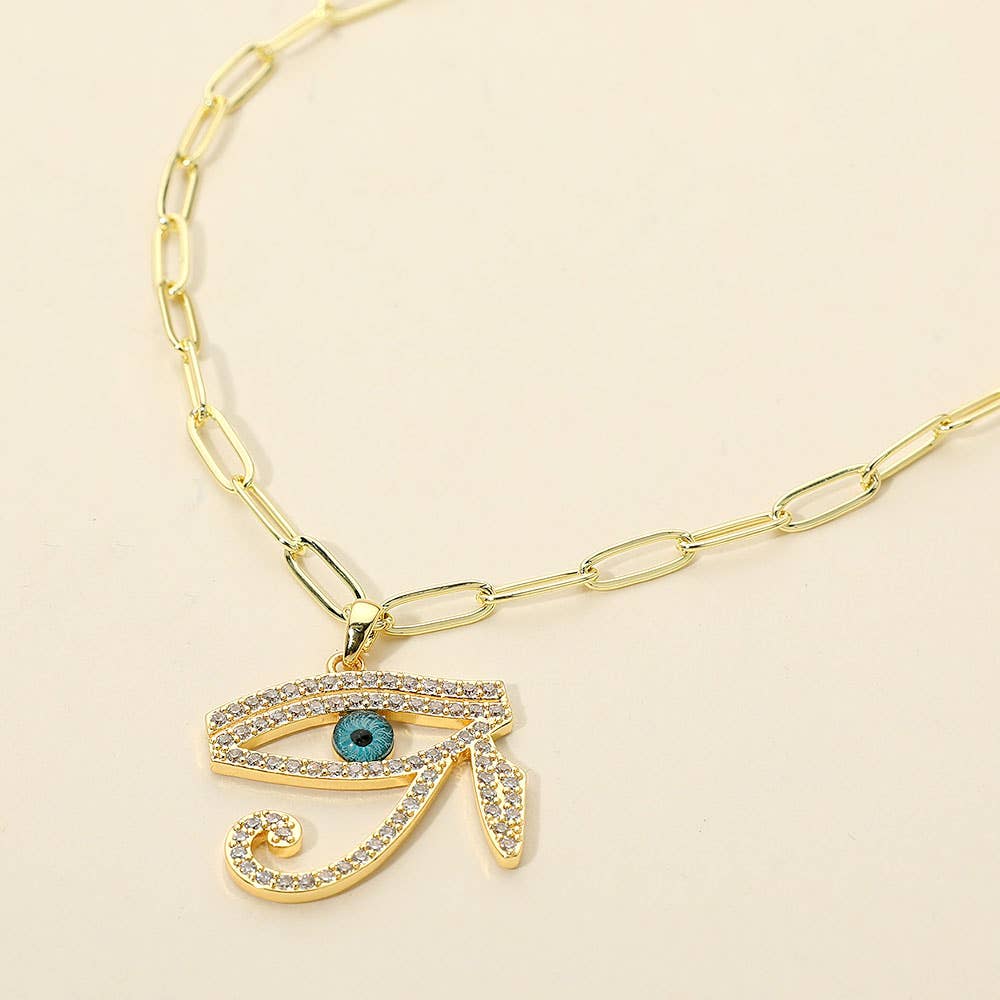 Stainless Steel CZ Stone Paved Eye of Horus Pendant Paperclip Chain Necklace