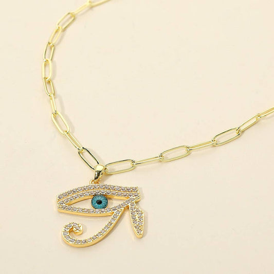 Stainless Steel CZ Stone Paved Eye of Horus Pendant Paperclip Chain Necklace