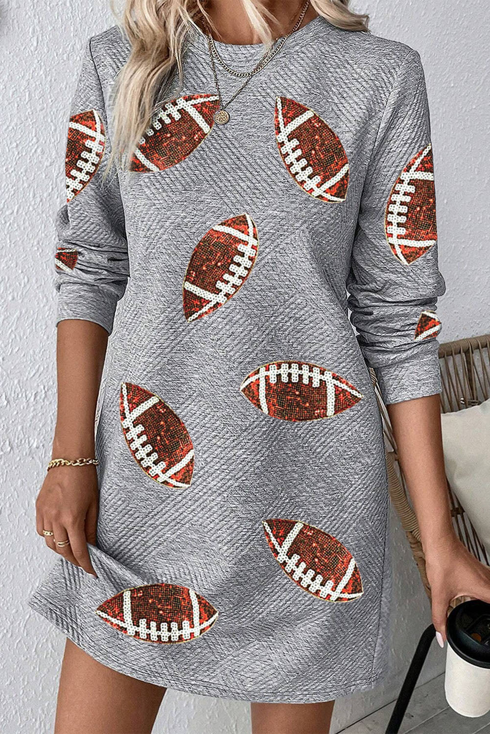Gray Sequin Football Graphic Textured Long Sleeve Shift Mini Dress