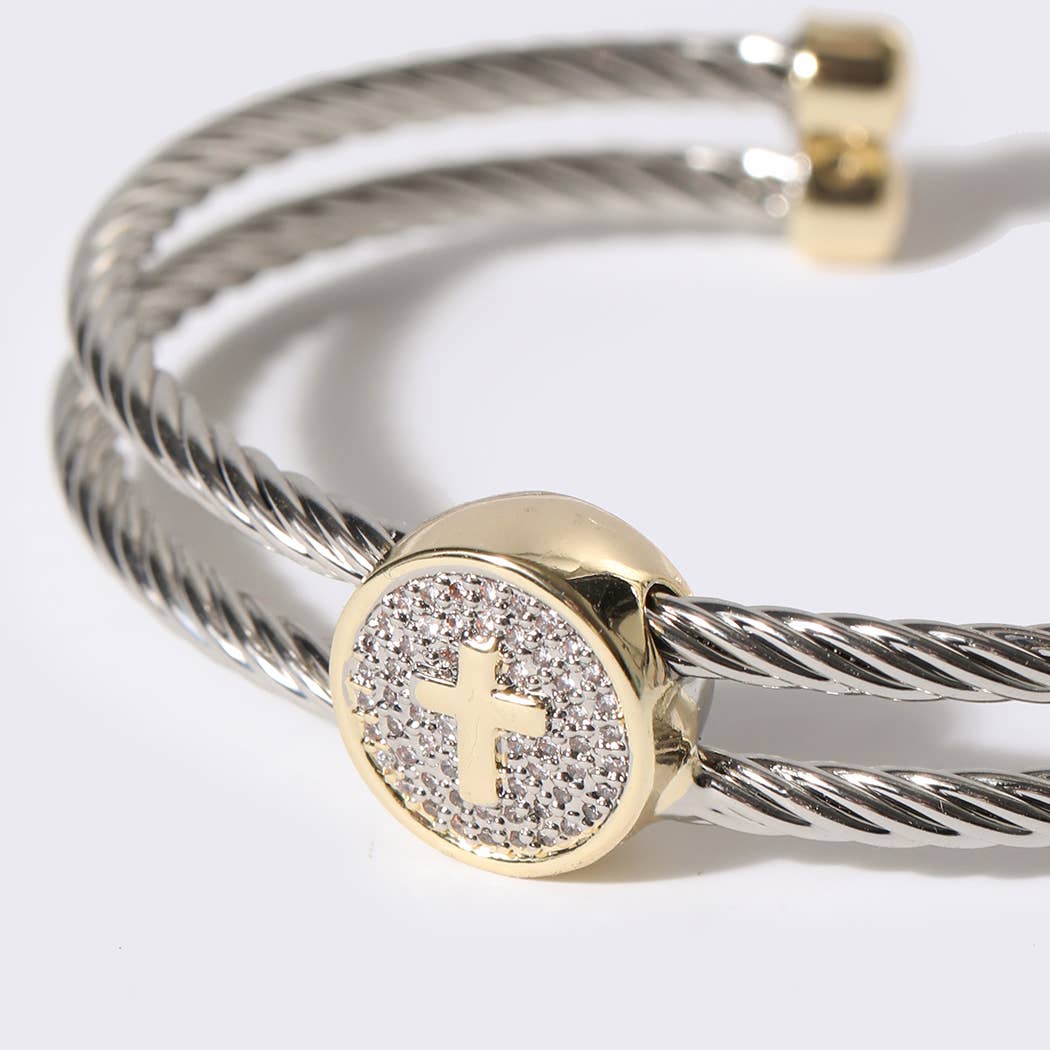 Cross Detail Twisted Double Wire Cuff Bangle Bracelet