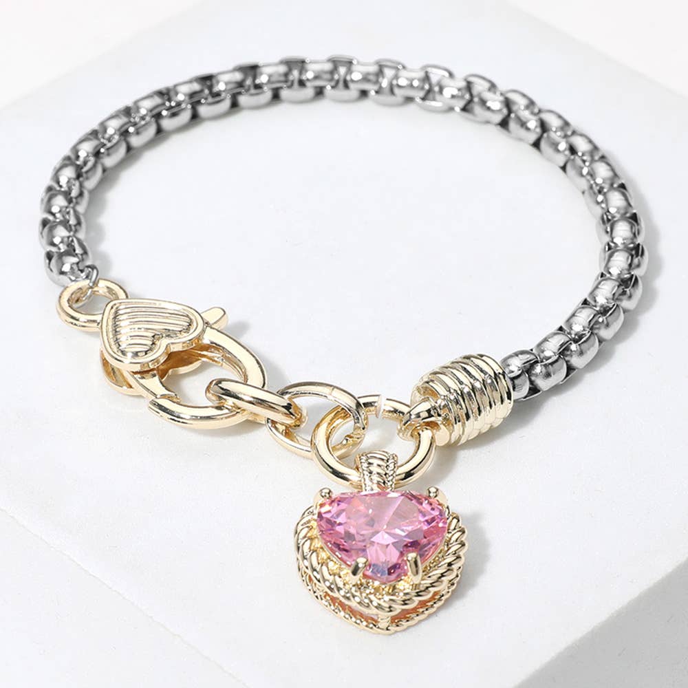 Two Tone Stone Heart Charm Bracelet