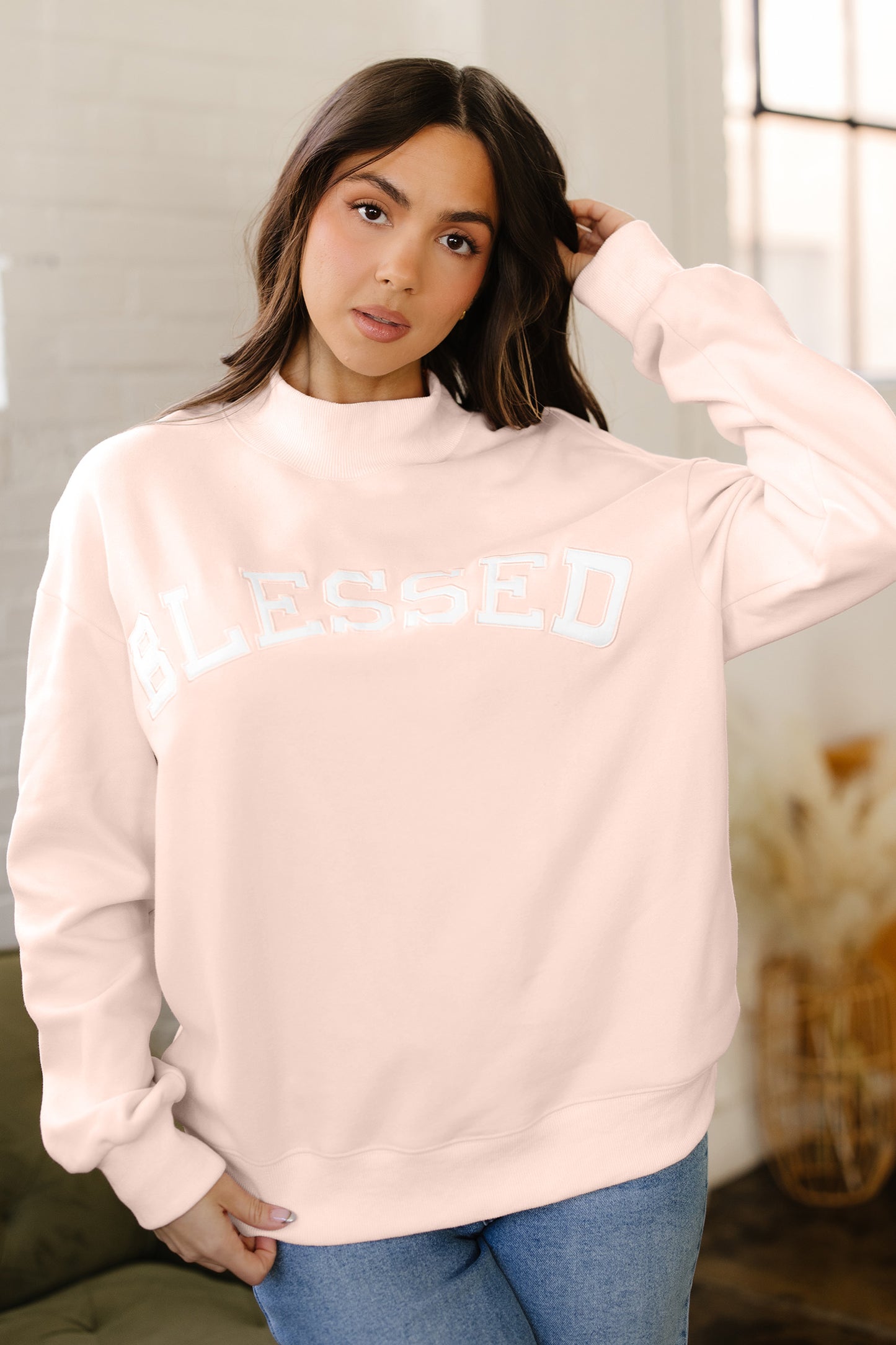 Light Pink Oversize Blessed Embroidered Mock Neck Sweatshirt