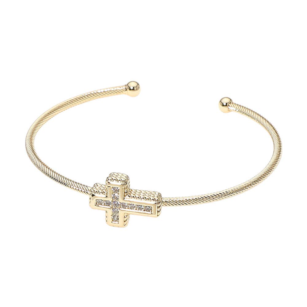 14K Gold Plated CZ Stone Paved Cross Accent Cuff Bracelet