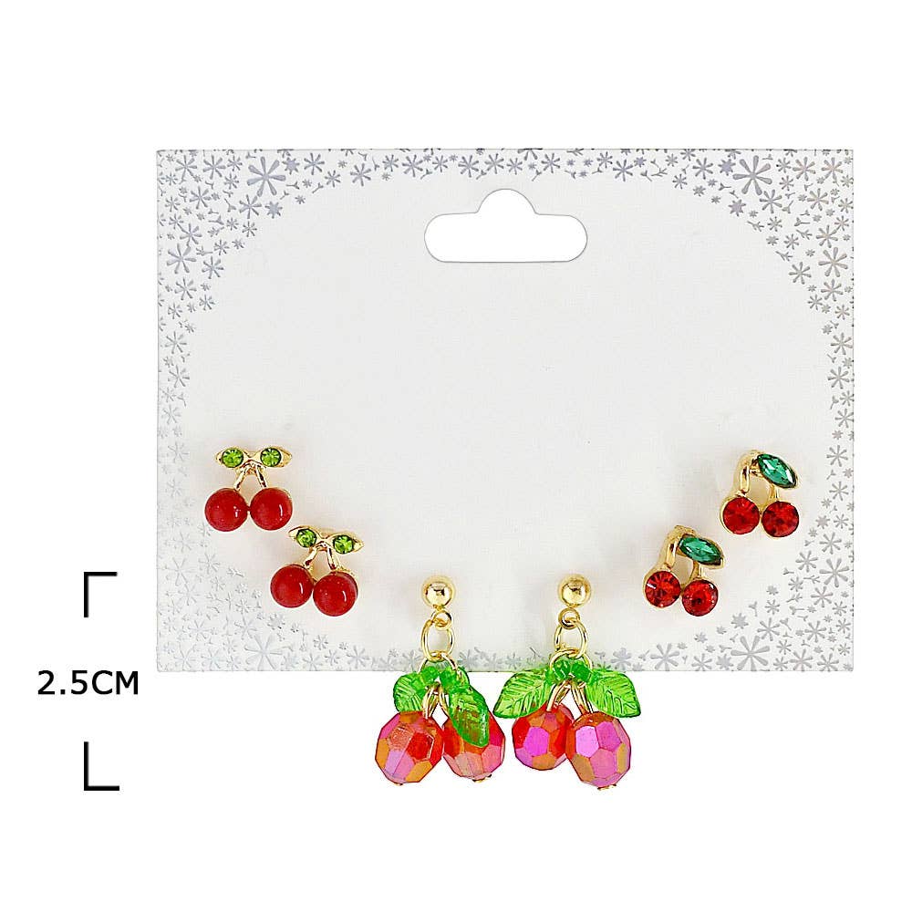SET OF 3 - Cherry Stud Dangle Earring Set