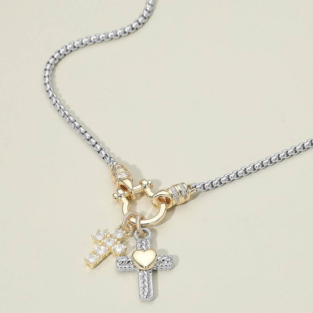 14K Gold Plated Stone Cross Two Tone Heart Cross Horsebit Carabiner Charm Necklace