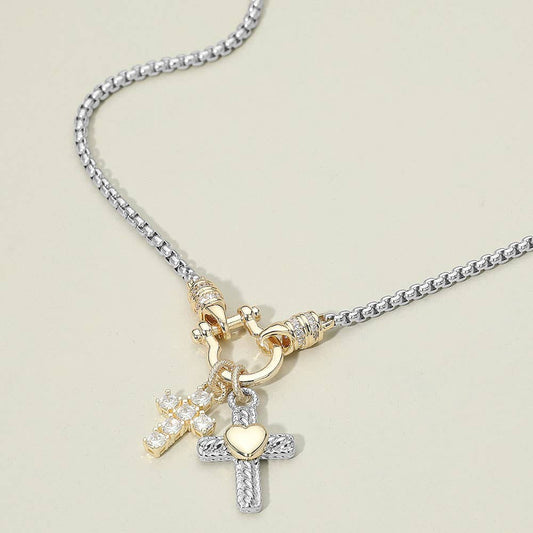 14K Gold Plated Stone Cross Two Tone Heart Cross Horsebit Carabiner Charm Necklace