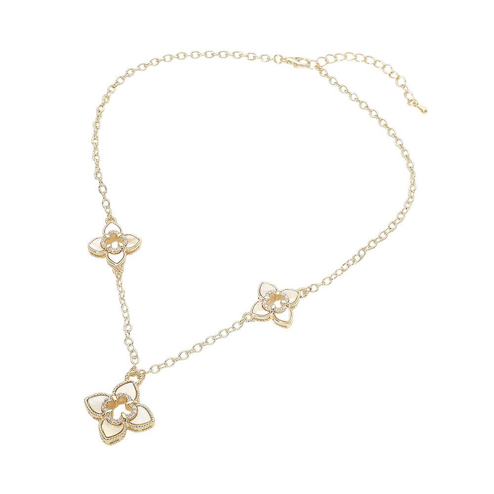 14K Gold Plated Rim Mother of Pearl Floral Charm Link Necklace