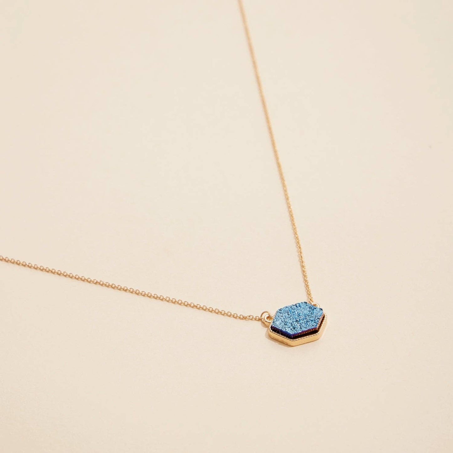 Hexagon Druzy Stone Charm Short Necklace
