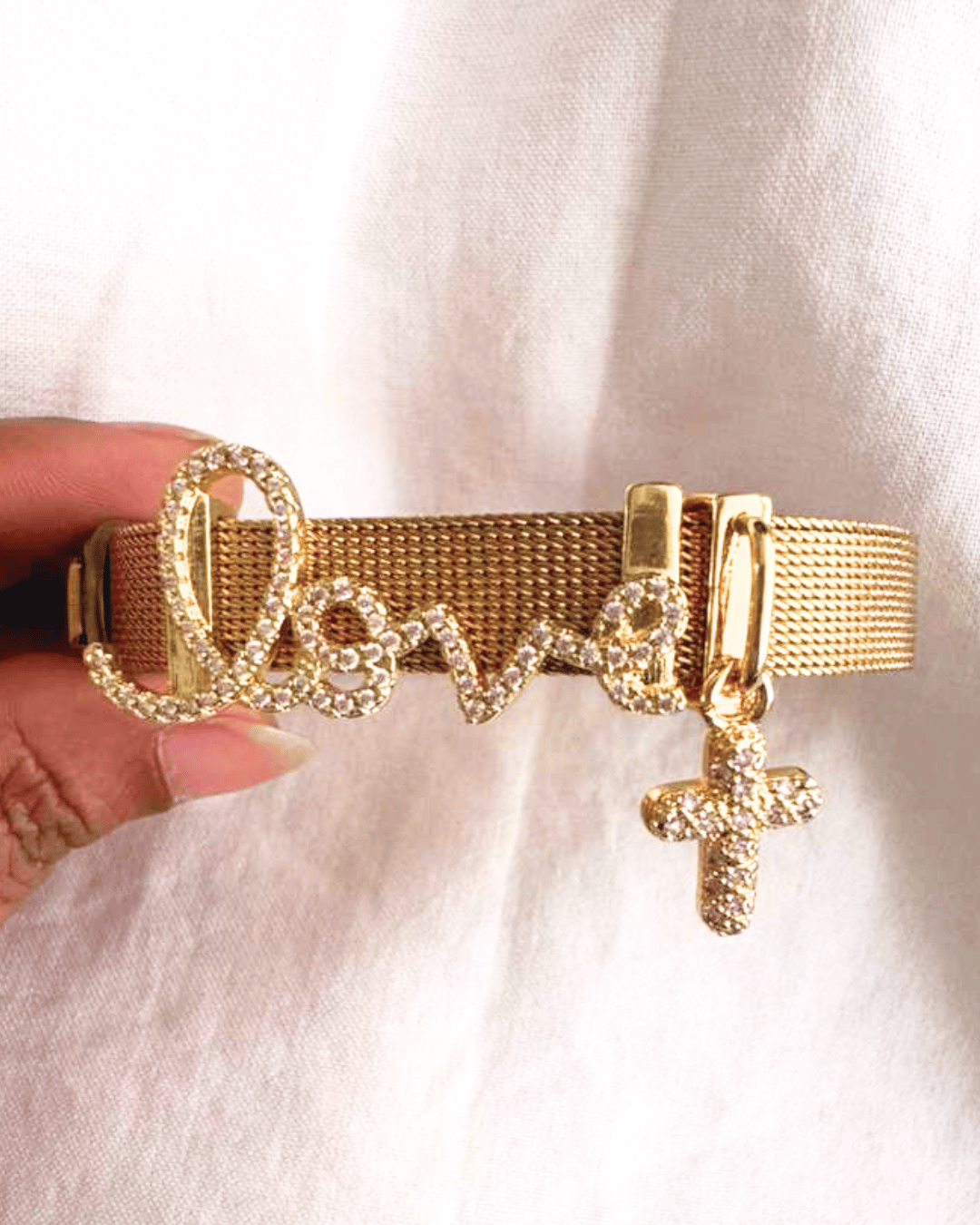 Faith Crystal Studded Love, Cross Drop Charm Gold Bracelet