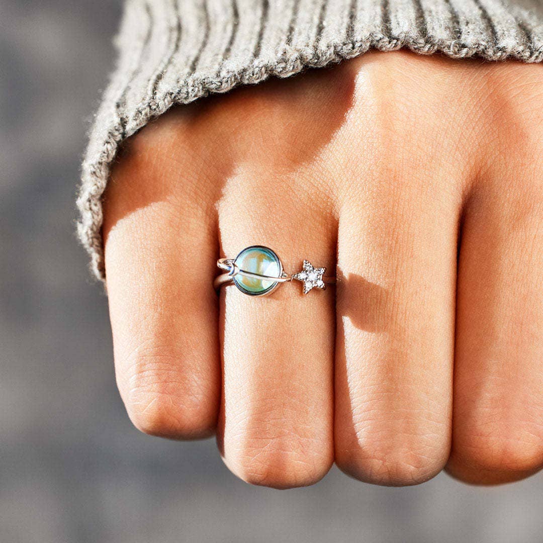 Blue Aurora Planet Saturn Star Open Ring in Solid Copper