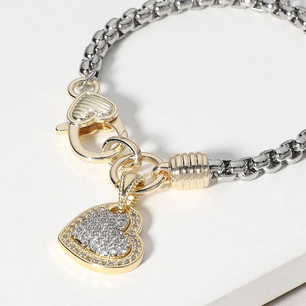 Two Tone 14K Gold Plated Stone Paved Heart Charm Bracelet