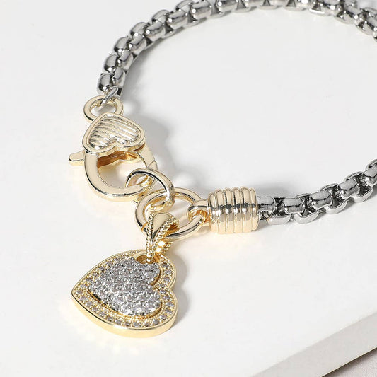 Two Tone 14K Gold Plated Stone Paved Heart Charm Bracelet