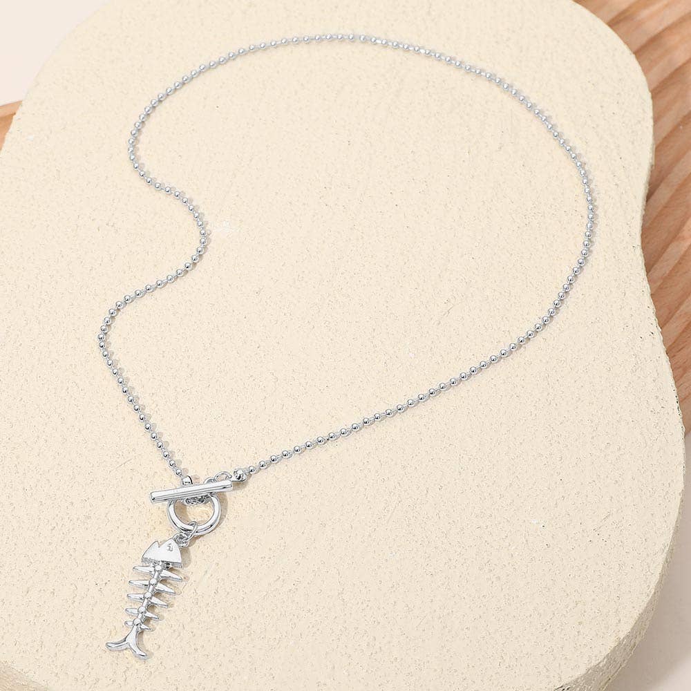 Metal Fishbone Toggle Pendant Beaded Chain Necklace