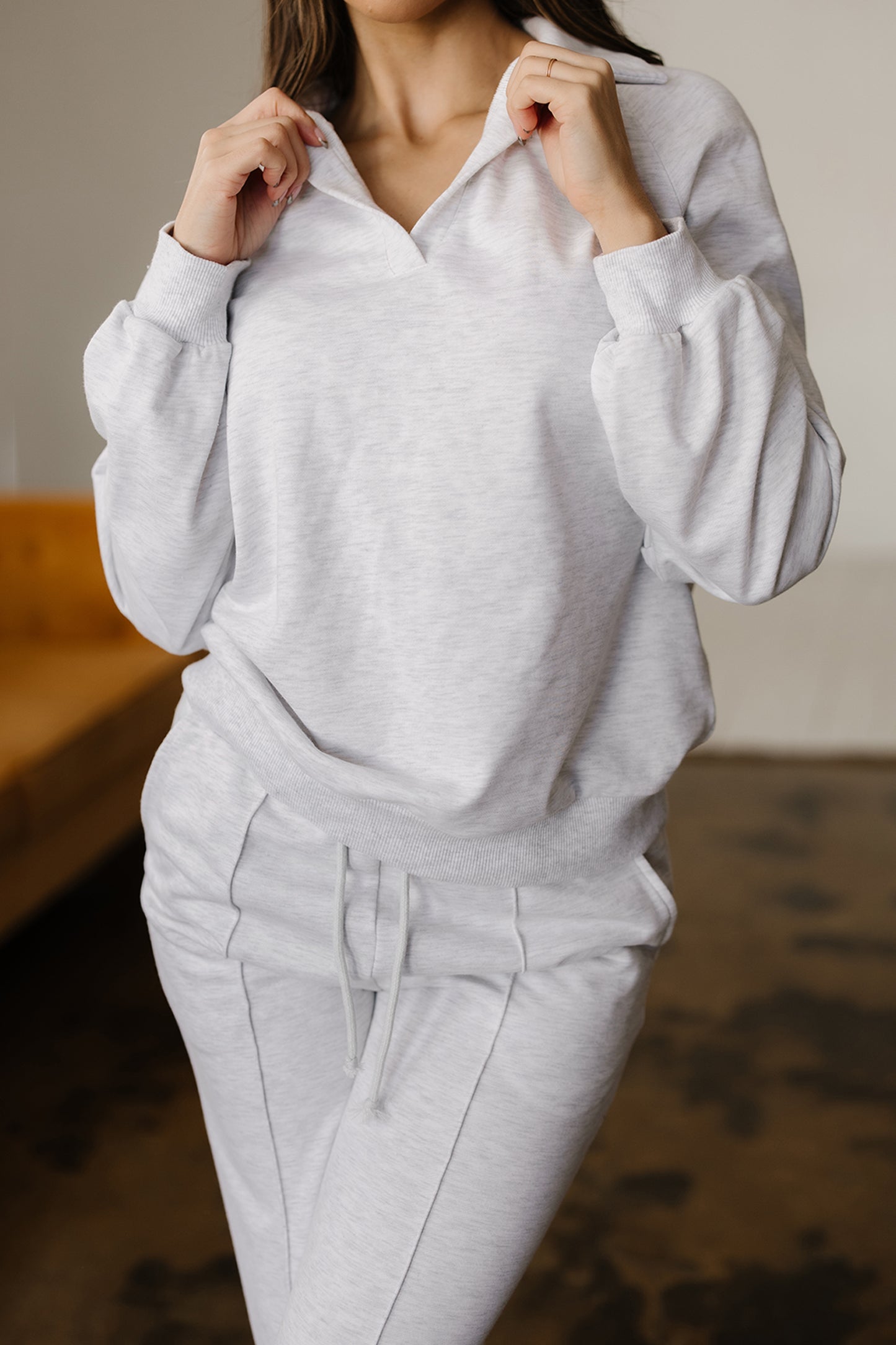 Light Grey Polo Collar V Neck Pullover and Drawstring Sweatpants Set