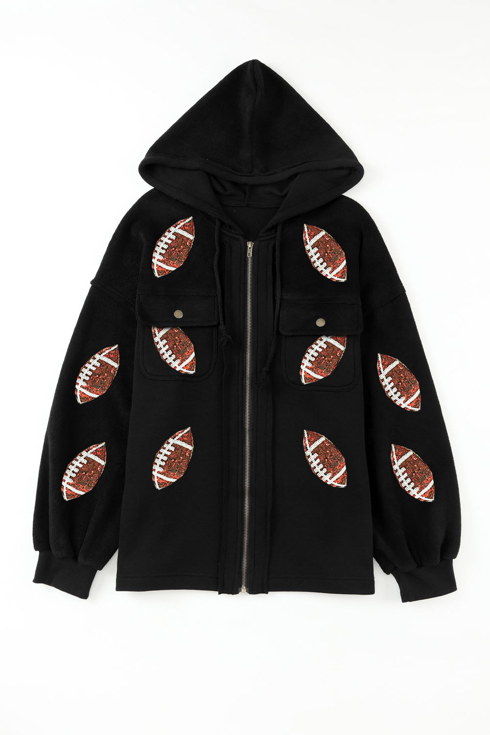 Black Sequined Football Pattern Pocketed Zipper Hooded Jacket